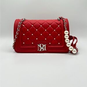 NWT Badgley Mischka Red Quilted Crossbody Bag with Pearls & Silver Hardware